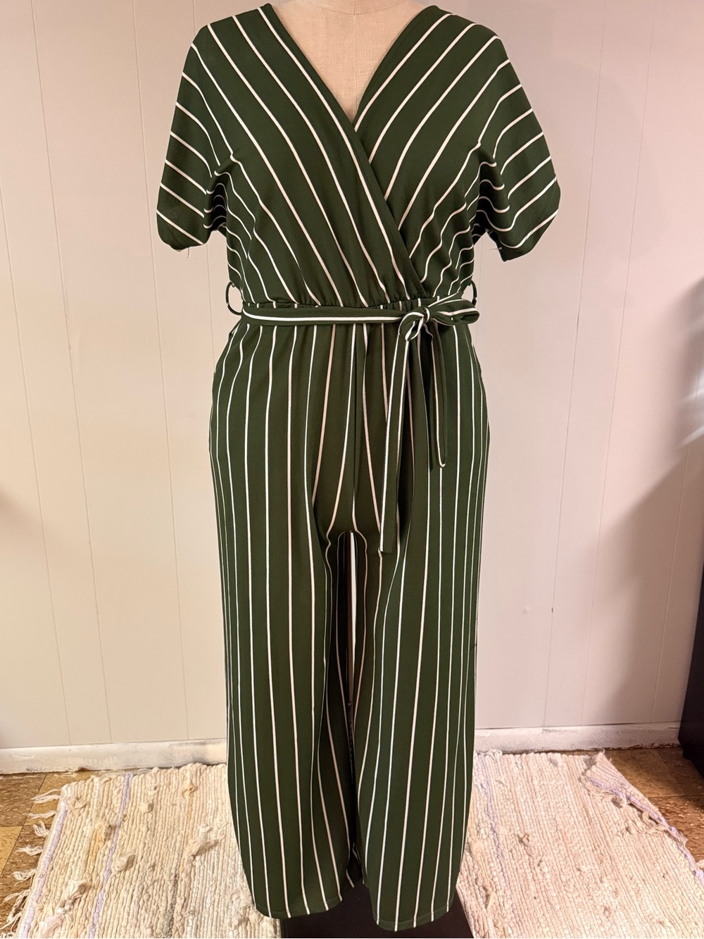 Striped Olive Green Wrap Jumpsuit with Belt